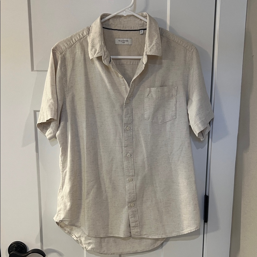7 Diamonds Linen Button Down Shirt Large Beige Short Sleeve Lightweight Summer